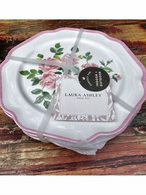 Laura Ashley Floral Rose Melamine Salad Plates Set 4 Pink Scalloped Garden Patio